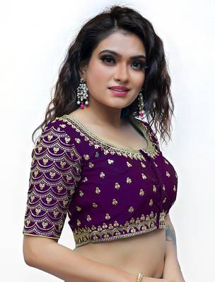 Purple  Color Embroidered Work Cotton Silk  Readymade Saree Blouse  3