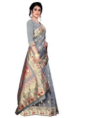 Grey woven baluchari saree with blouse 1