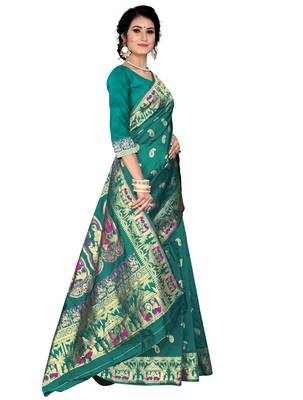 Green woven baluchari saree with blouse 1