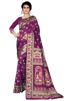 Purple woven baluchari saree with blouse 3