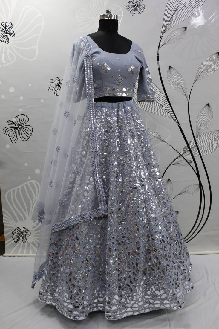 Sky blue Gota Patti embroidered georgette semi stitched lehenga