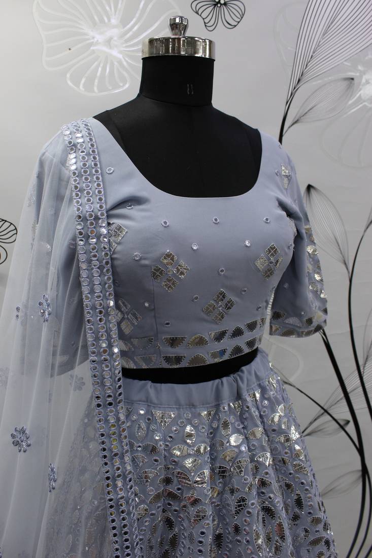 Sky blue Gota Patti embroidered georgette semi stitched lehenga