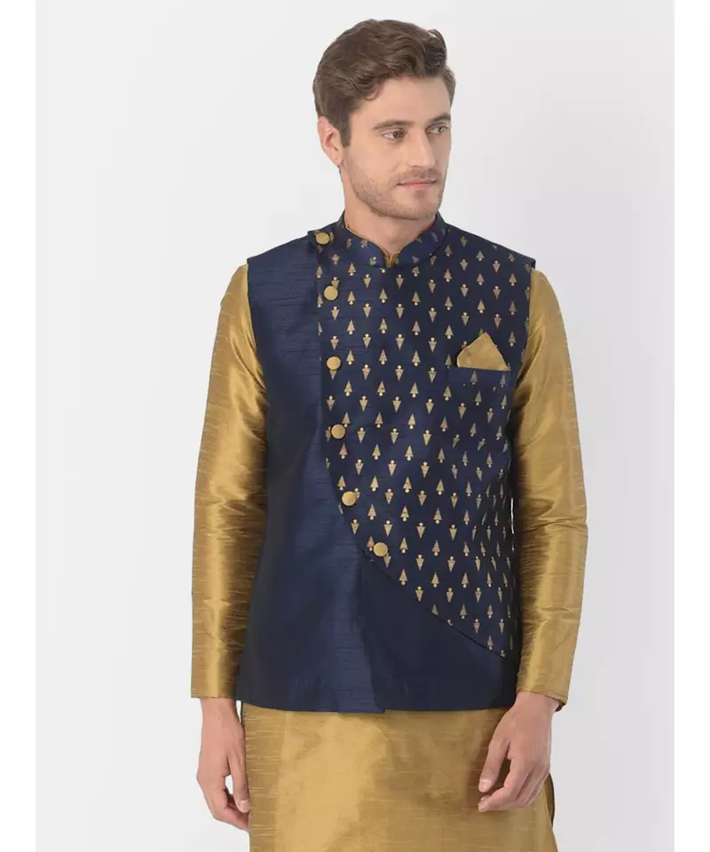 DEYANN Ethanic Printed Navy Blue Color Nehru Jacket