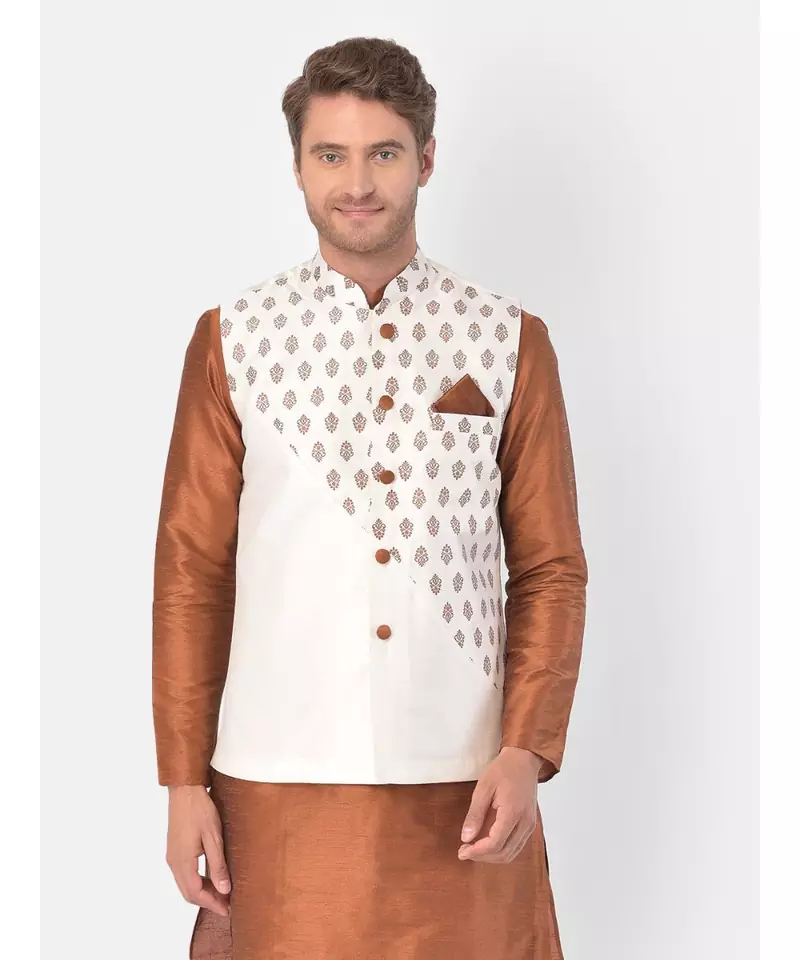 DEYANN Ethanic Printed Off White Color Nehru Jacket