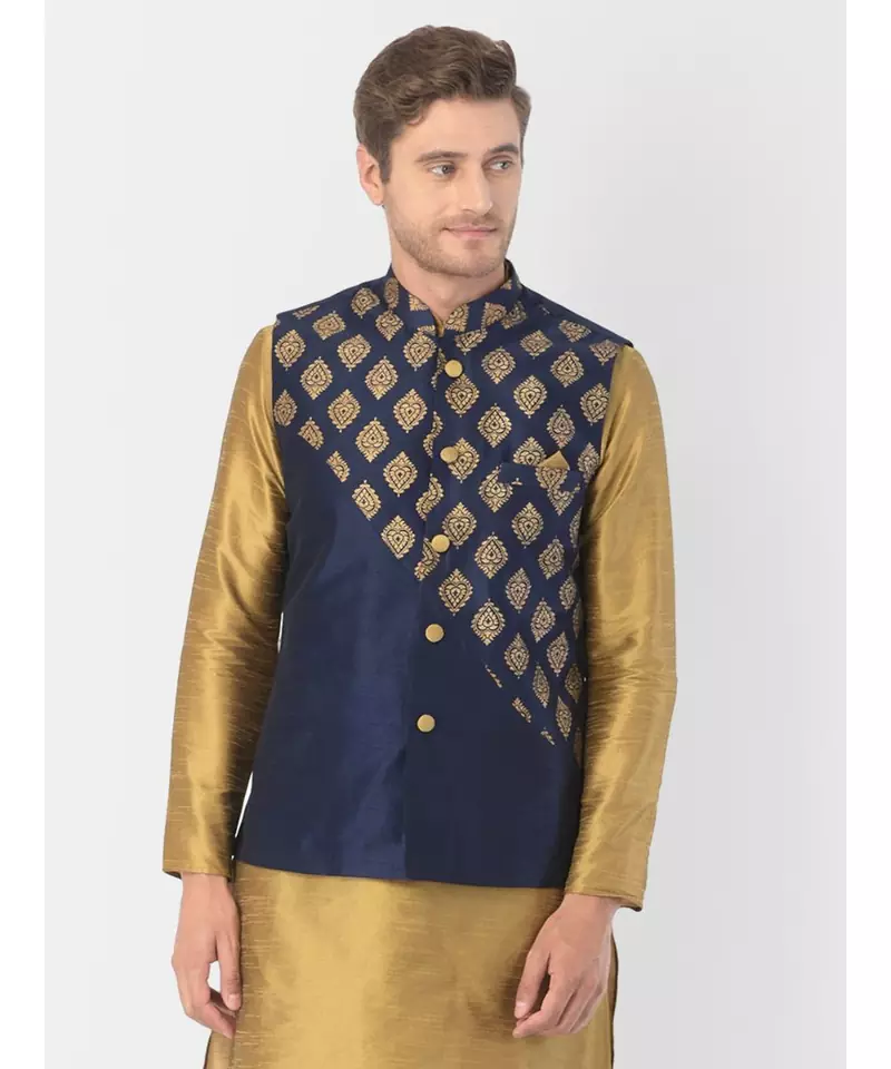 DEYANN Ethanic Printed Navy Blue Color Nehru Jacket