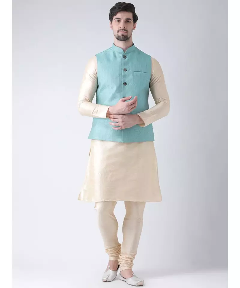 Men's Blue Color Nehru Jacket with Solid Kurta Set