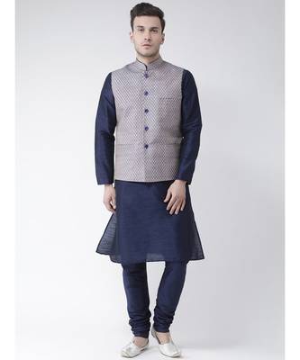 Men's Navy Blue Color Nehru Jacket with Solid Kurta Set 1