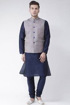 Men's Navy Blue Color Nehru Jacket with Solid Kurta Set