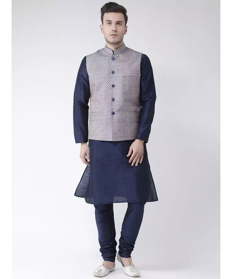 Men's Navy Blue Color Nehru Jacket with Solid Kurta Set