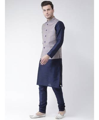 Men's Navy Blue Color Nehru Jacket with Solid Kurta Set 2