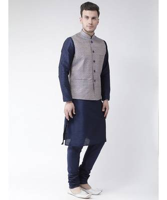 Men's Navy Blue Color Nehru Jacket with Solid Kurta Set 3