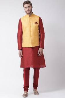Men's Yellow Color Nehru Jacket with Solid Kurta Set