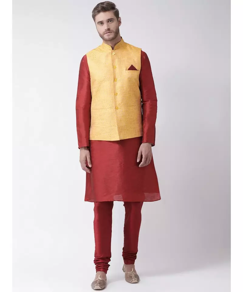 Men's Yellow Color Nehru Jacket with Solid Kurta Set