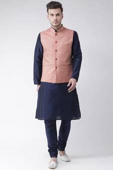 Men's Coral Pink Color Nehru Jacket with Solid Kurta Set
