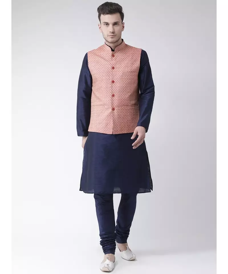 Men's Coral Pink Color Nehru Jacket with Solid Kurta Set