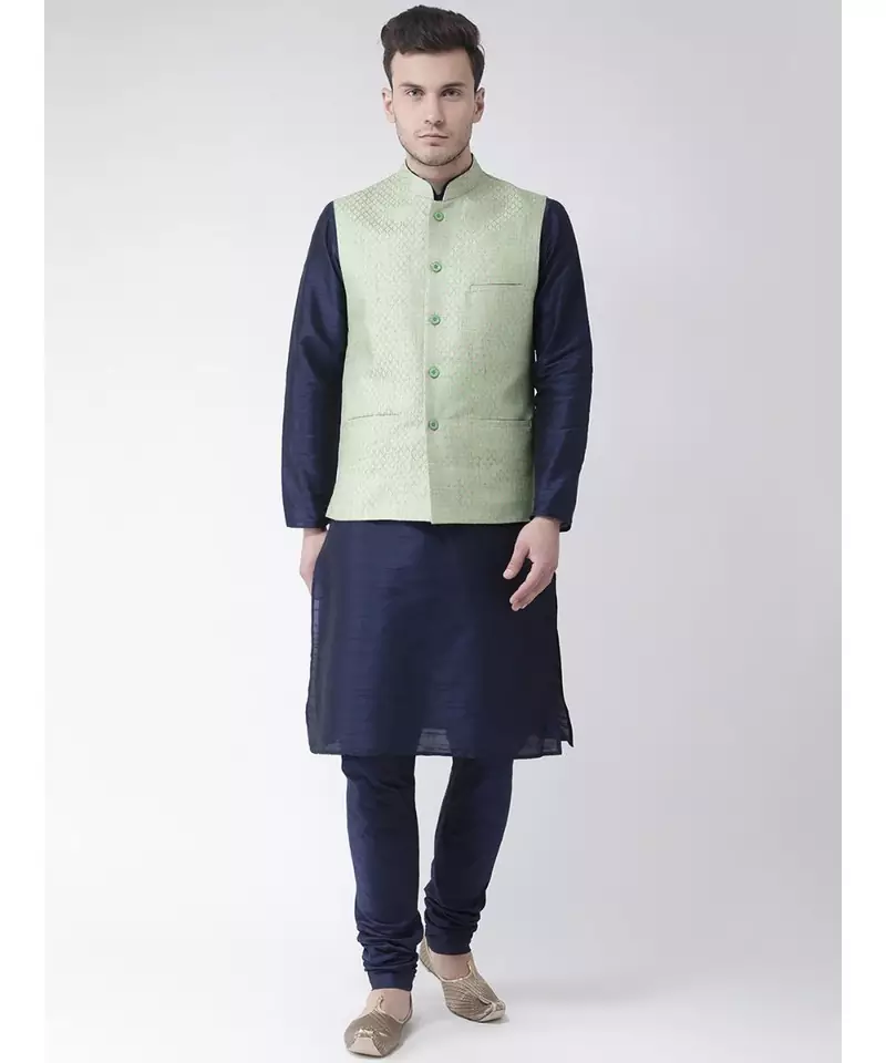 Men's Green Color Nehru Jacket with Solid Kurta Set