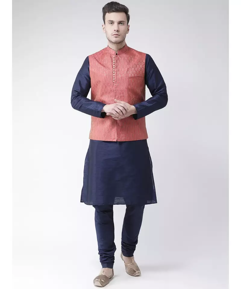 Men's Red Color Nehru Jacket with Solid Kurta Set