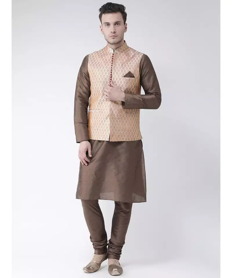 Men's Cream Color Nehru Jacket with Solid Kurta Set