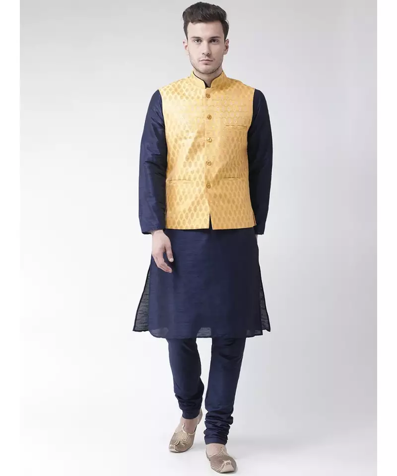 Men's Yellow Color Nehru Jacket with Solid Kurta Set