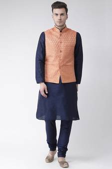 Men's Orange Color Nehru Jacket with Solid Kurta Set
