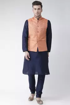 Men's Orange Color Nehru Jacket with Solid Kurta Set