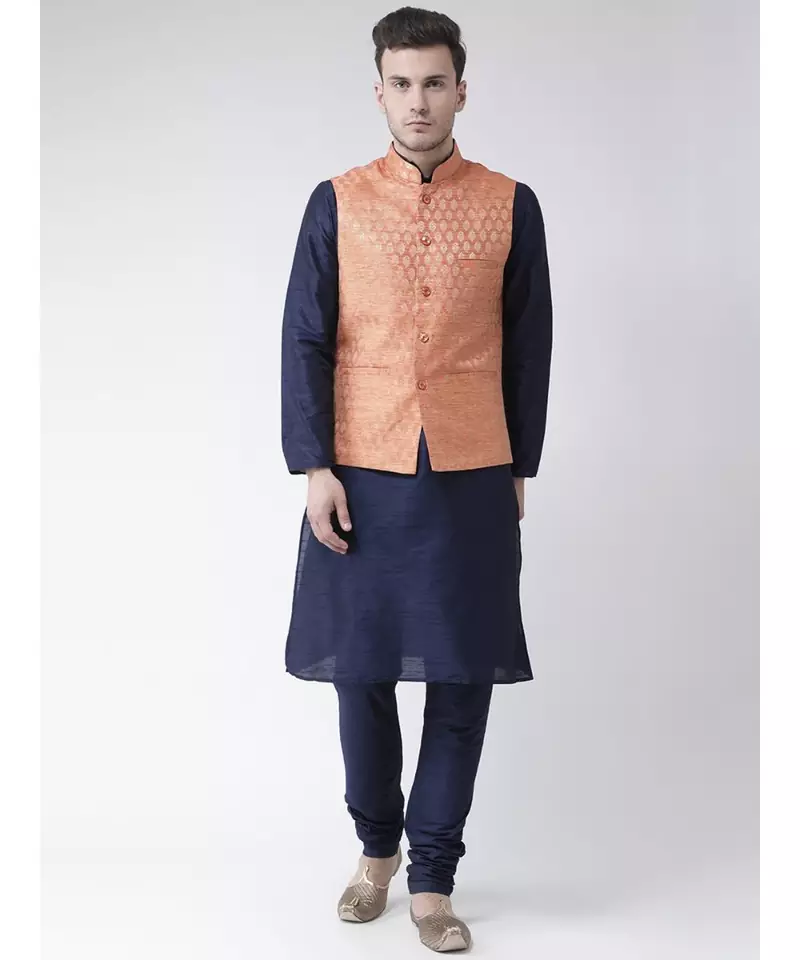 Men's Orange Color Nehru Jacket with Solid Kurta Set