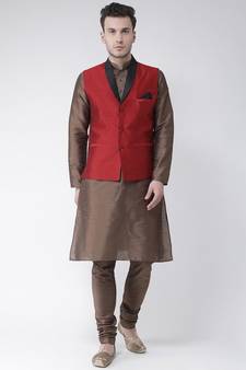 Men's Red Color Nehru Jacket with Kurta set