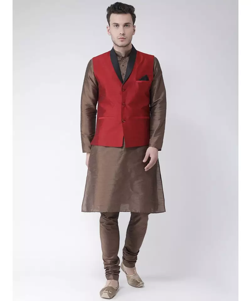 Men's Red Color Nehru Jacket with Kurta set