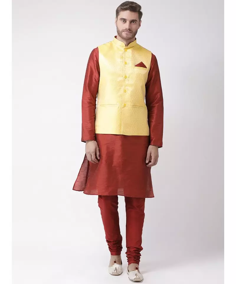 Men's Yellow Color Nehru Jacket with Kurta set