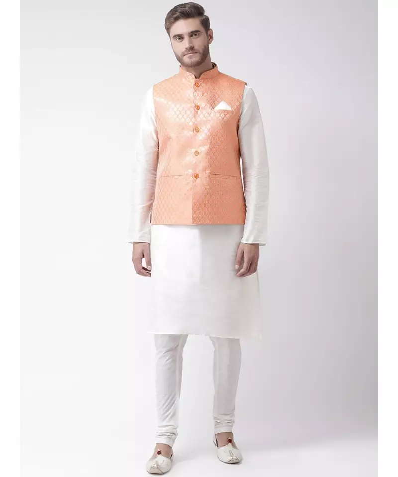Men's Orange Color Nehru Jacket with Kurta set