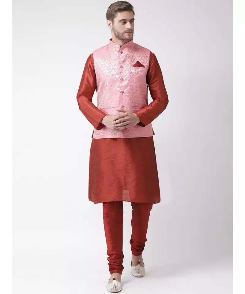 Men's Pink Color Nehru Jacket with Kurta set
