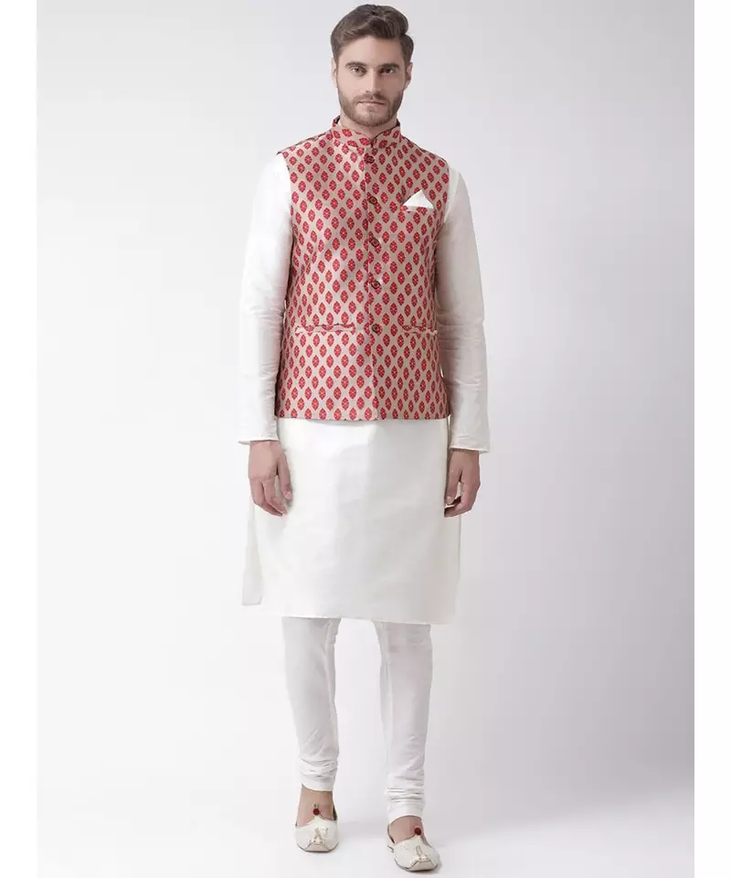 Men's Peach Color Nehru Jacket with Kurta set