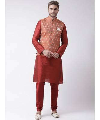 Men's Orange Color Nehru Jacket with Kurta set 1