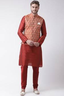 Men's Orange Color Nehru Jacket with Kurta set