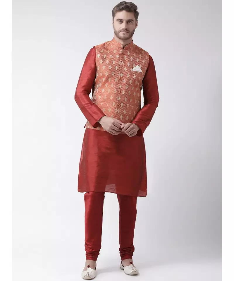 Men's Orange Color Nehru Jacket with Kurta set