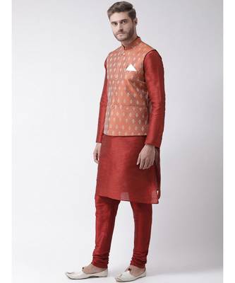 Men's Orange Color Nehru Jacket with Kurta set 2