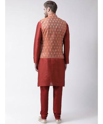 Men's Orange Color Nehru Jacket with Kurta set 4
