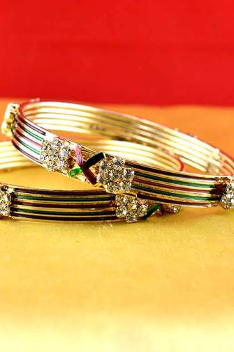 Gold Moti Stone Cz Polki Kundun Meenakari Pearl Bangle Kara