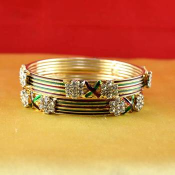 Gold Moti Stone Cz Polki Kundun Meenakari Pearl Bangle Kara 2