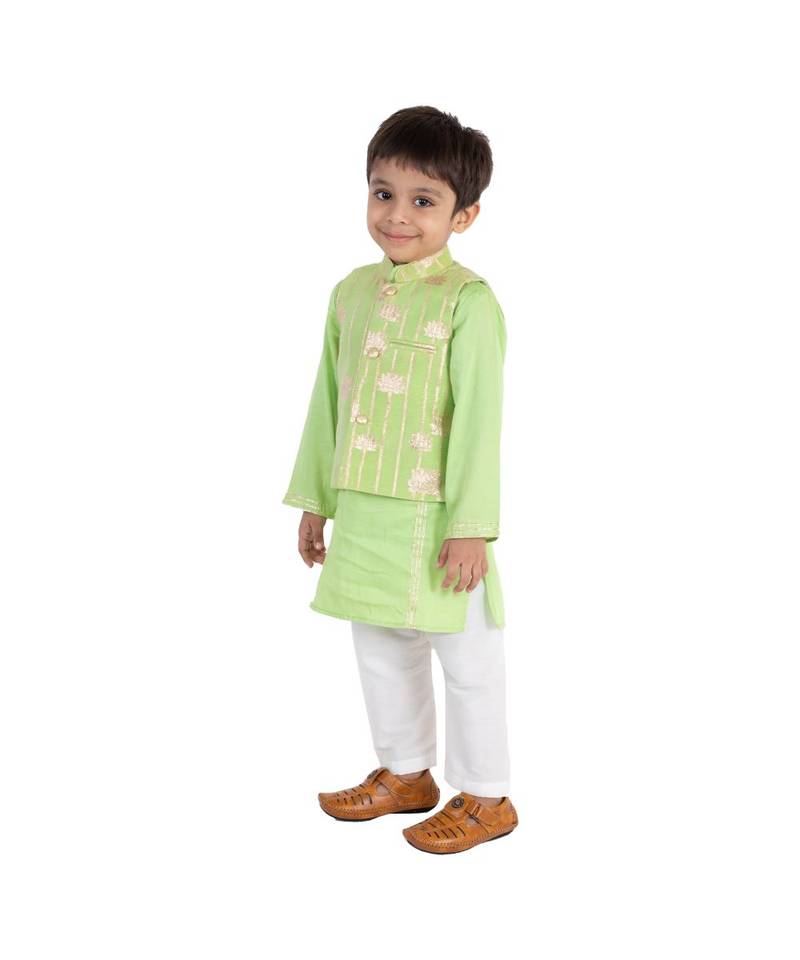 green zari print chanderi kurta nehru jacket set boys ethnic