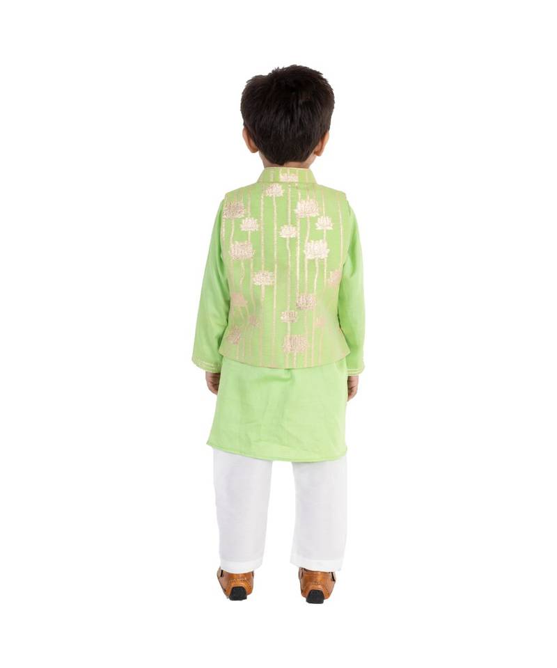 green zari print chanderi kurta nehru jacket set boys ethnic