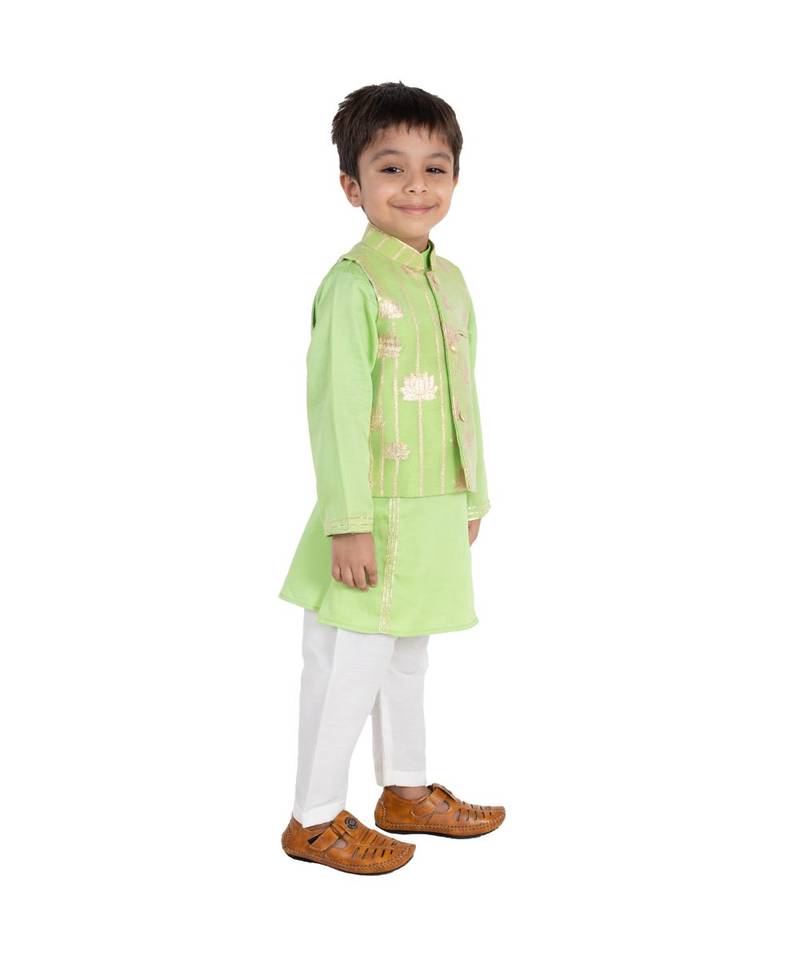 green zari print chanderi kurta nehru jacket set boys ethnic