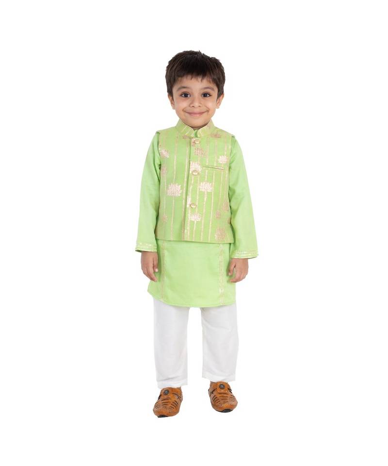 green zari print chanderi kurta nehru jacket set boys ethnic