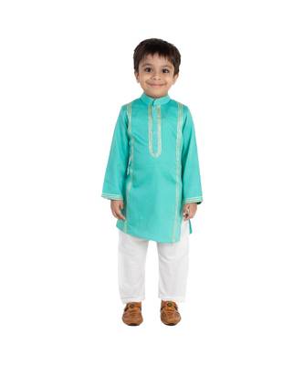 turquoise zari print chanderi kurta nehru jacket set boys ethnic 1