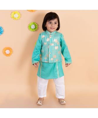 turquoise zari print chanderi kurta nehru jacket set boys ethnic 2
