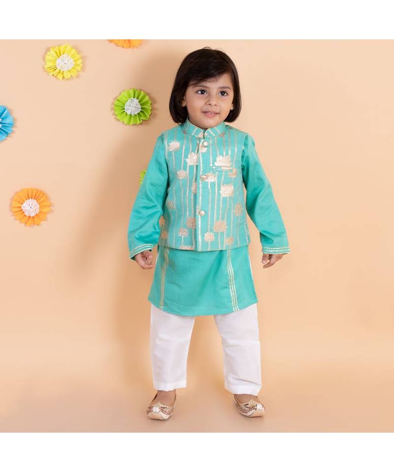 turquoise zari print chanderi kurta nehru jacket set boys ethnic