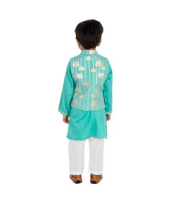turquoise zari print chanderi kurta nehru jacket set boys ethnic 3
