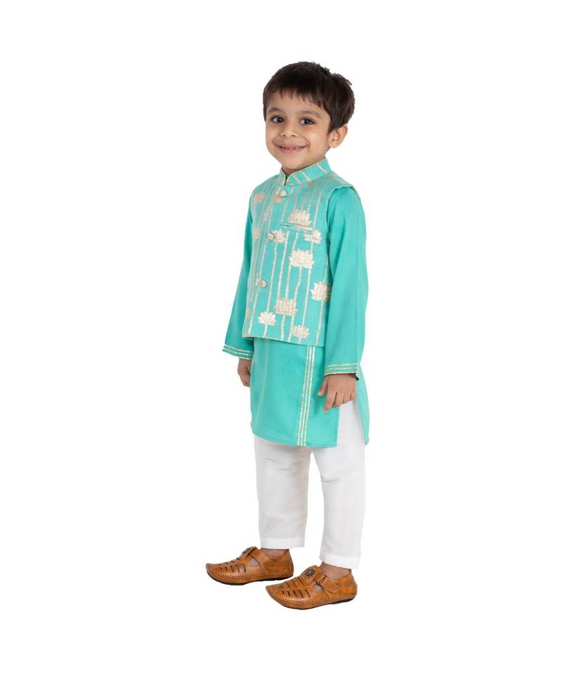 turquoise zari print chanderi kurta nehru jacket set boys ethnic