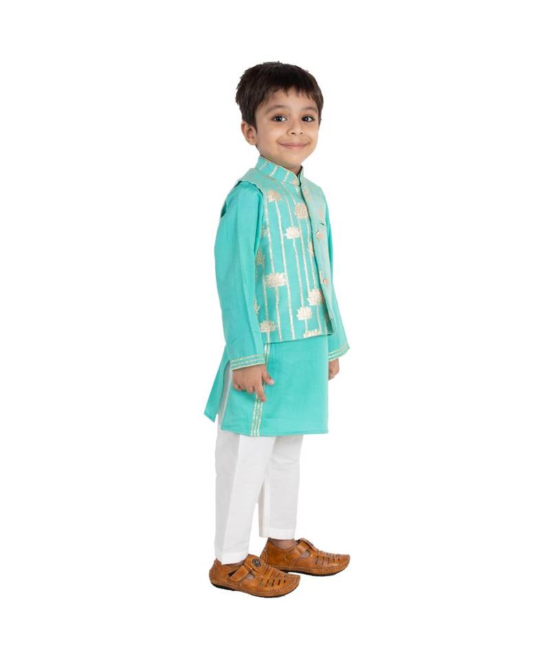 turquoise zari print chanderi kurta nehru jacket set boys ethnic