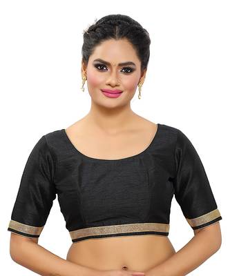 Designer Indian Traditional Black Satin Silk Blend Saree Blouse Materials Unstitched   1